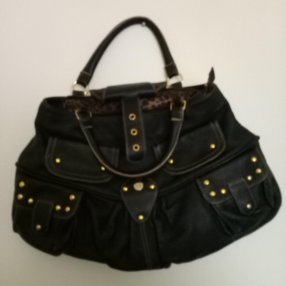 Maxx New York Black Pebble Leather Handbag with Gold Accents